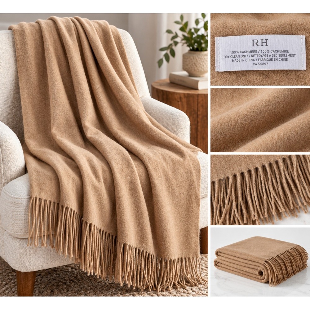 RH Restoration Hardware 100% Cashmere Throw Blanket Camel Tan Fringe 50x72